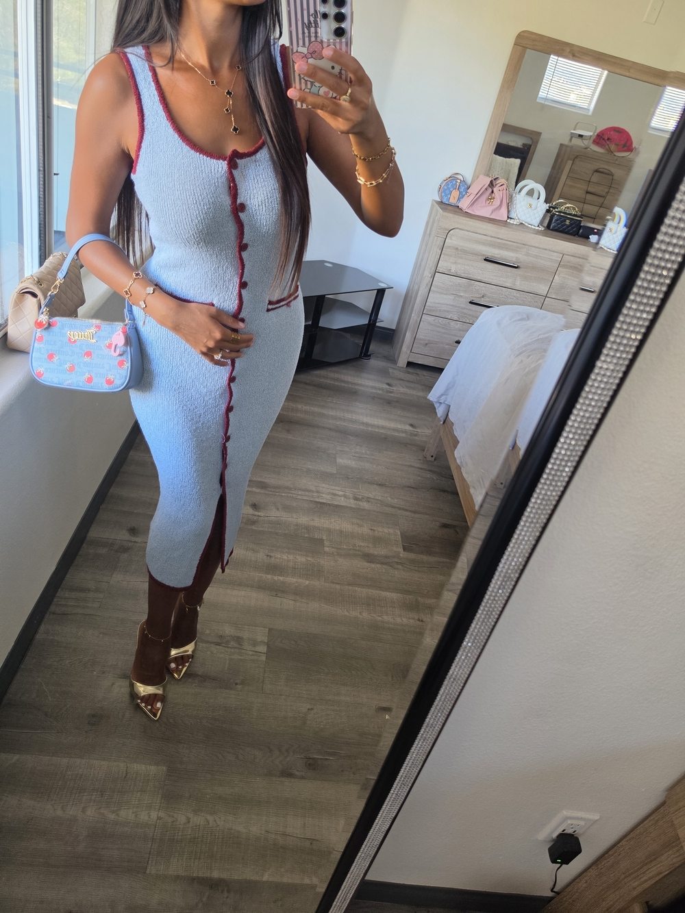 Light Blue Knit Midi Dress with Burgundy Trim Stretchy - Picture 10 of 17